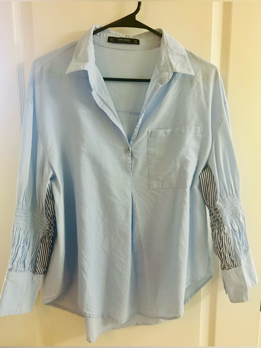 Zara Pale Blue Button-Front Smocked Sleeve Blouse - LG